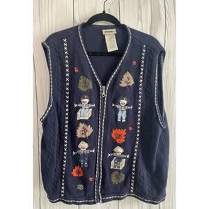 VTG Northern Reflections Fall Scarecrow Sweater Vest Navy Zip Front extra large